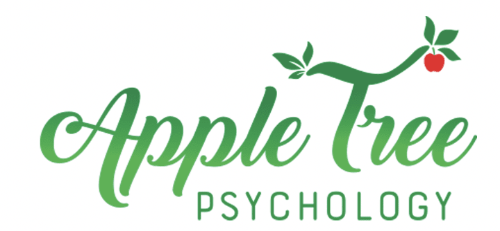 Green Apple Tree Psychology Logo with red apple growing on T of Tree